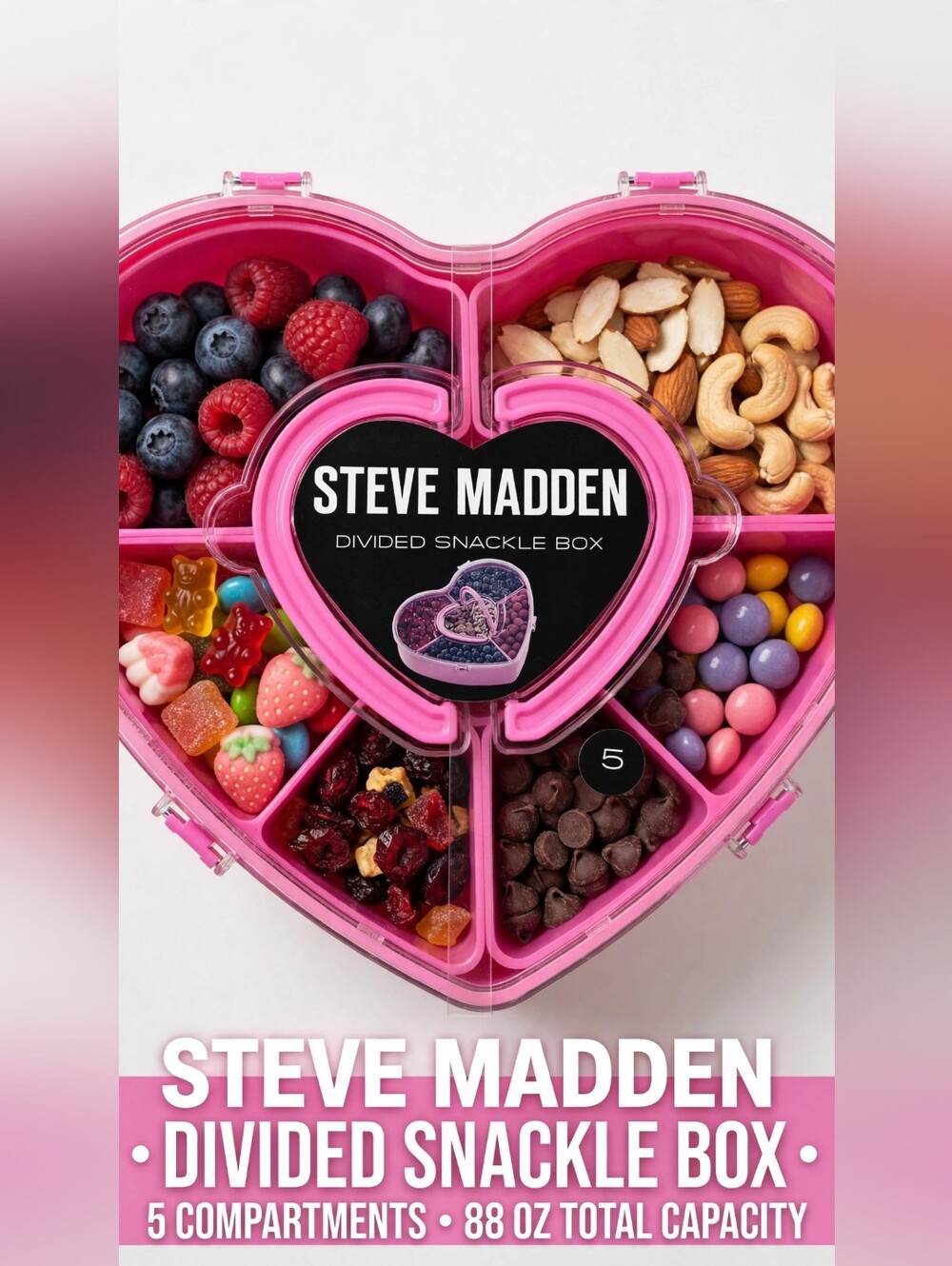 Steve Madden Pink Heart-Shaped Divided Snack Box